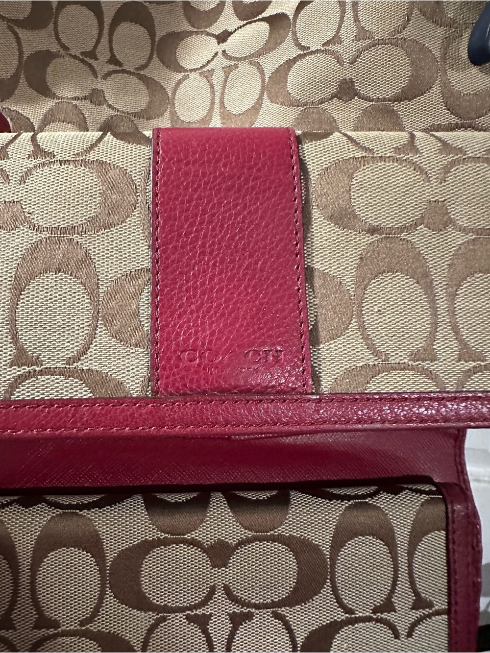 Coach Tan Signature Carrie Tote with Burgundy Leather Trim and Wallet - Picture 14 of 16